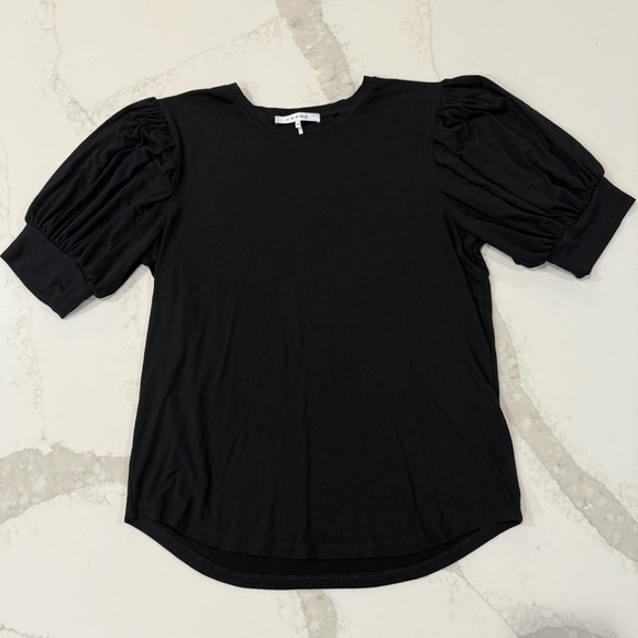 Frame Puff Sleeve Stretch Knit Top Women’s Large Black Jewel Neck Elbow Sleeves - Picture 5 of 10